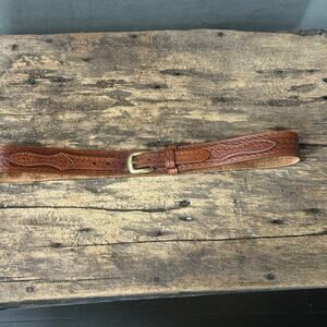 intage LL Bean Men's Tooled Leather Belt Size 36 Brass Buckle Western